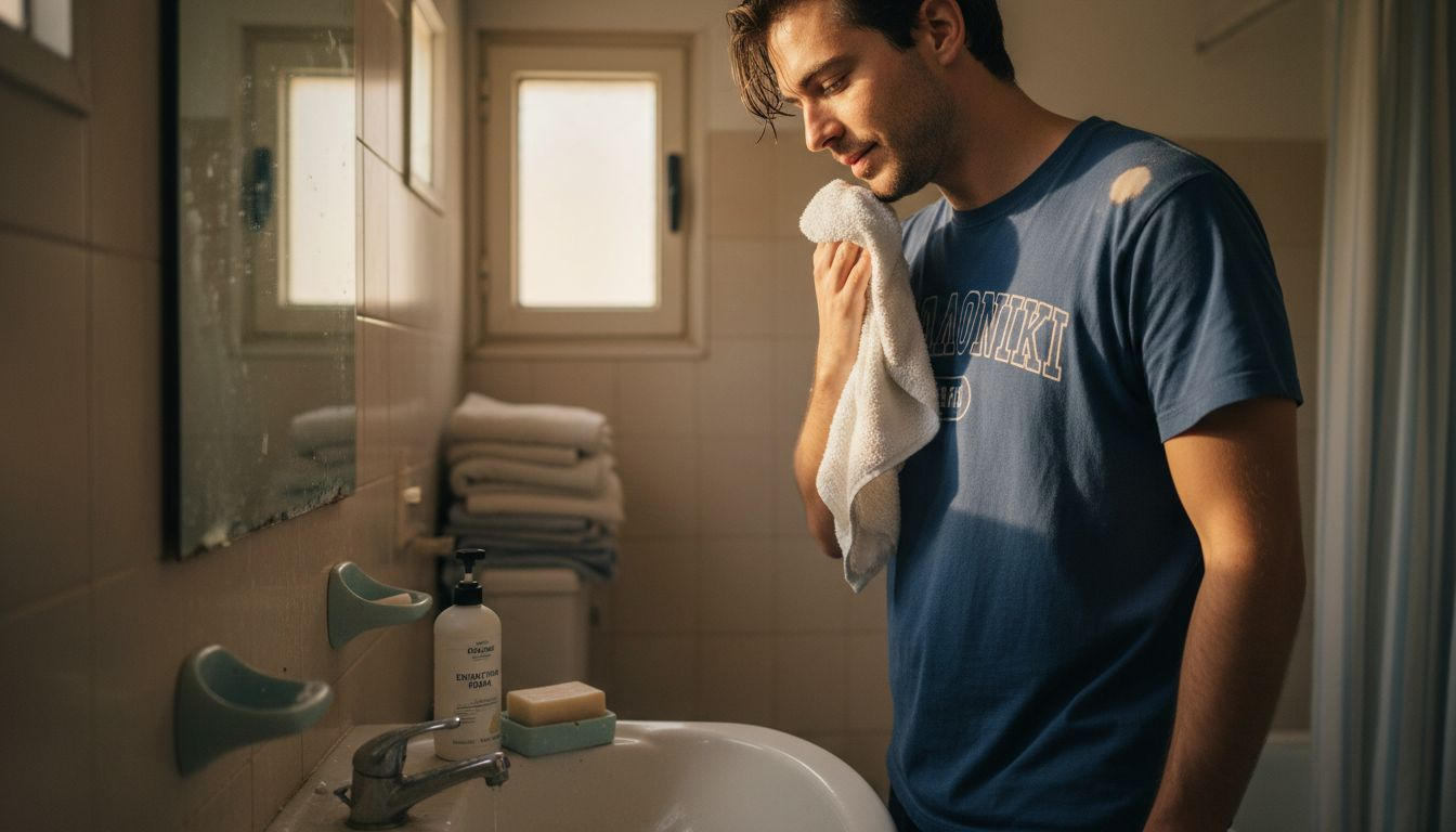 Οδηγός Απολέπισης Προσώπου για Φυσικό Λαμπερό Δέρμα 2 Ένας άνδρας σκουπίζει απαλά το πρόσωπό του με ταμποναριστές κινήσεις μετά τον καθαρισμό.