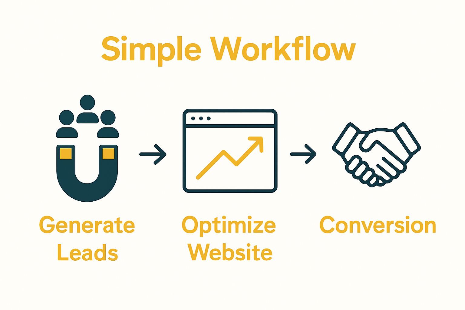 Three-step infographic showing lead generation, website optimization, and conversion process