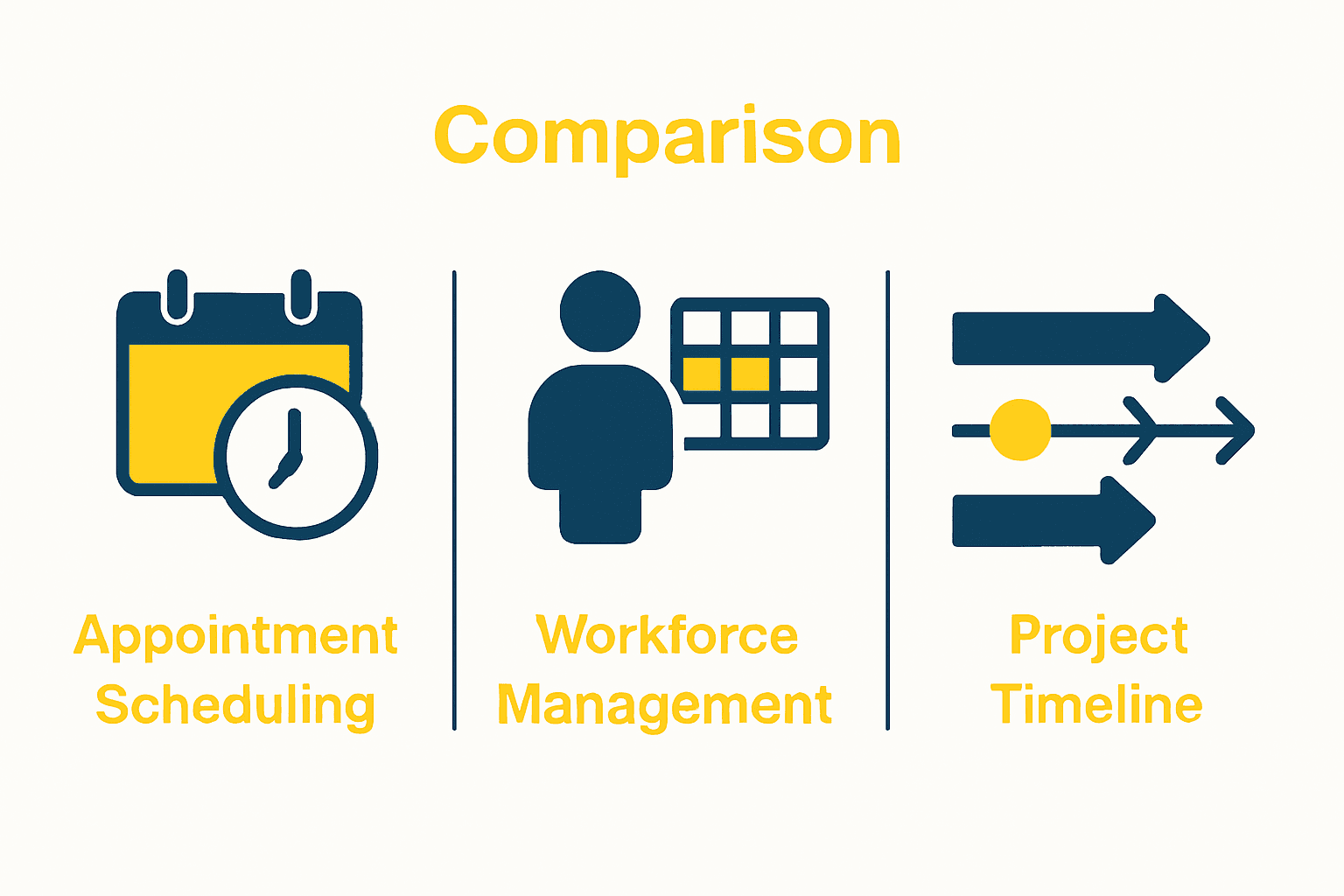 Simple comparison infographic: appointment scheduling, workforce management, project timelines for SMBs