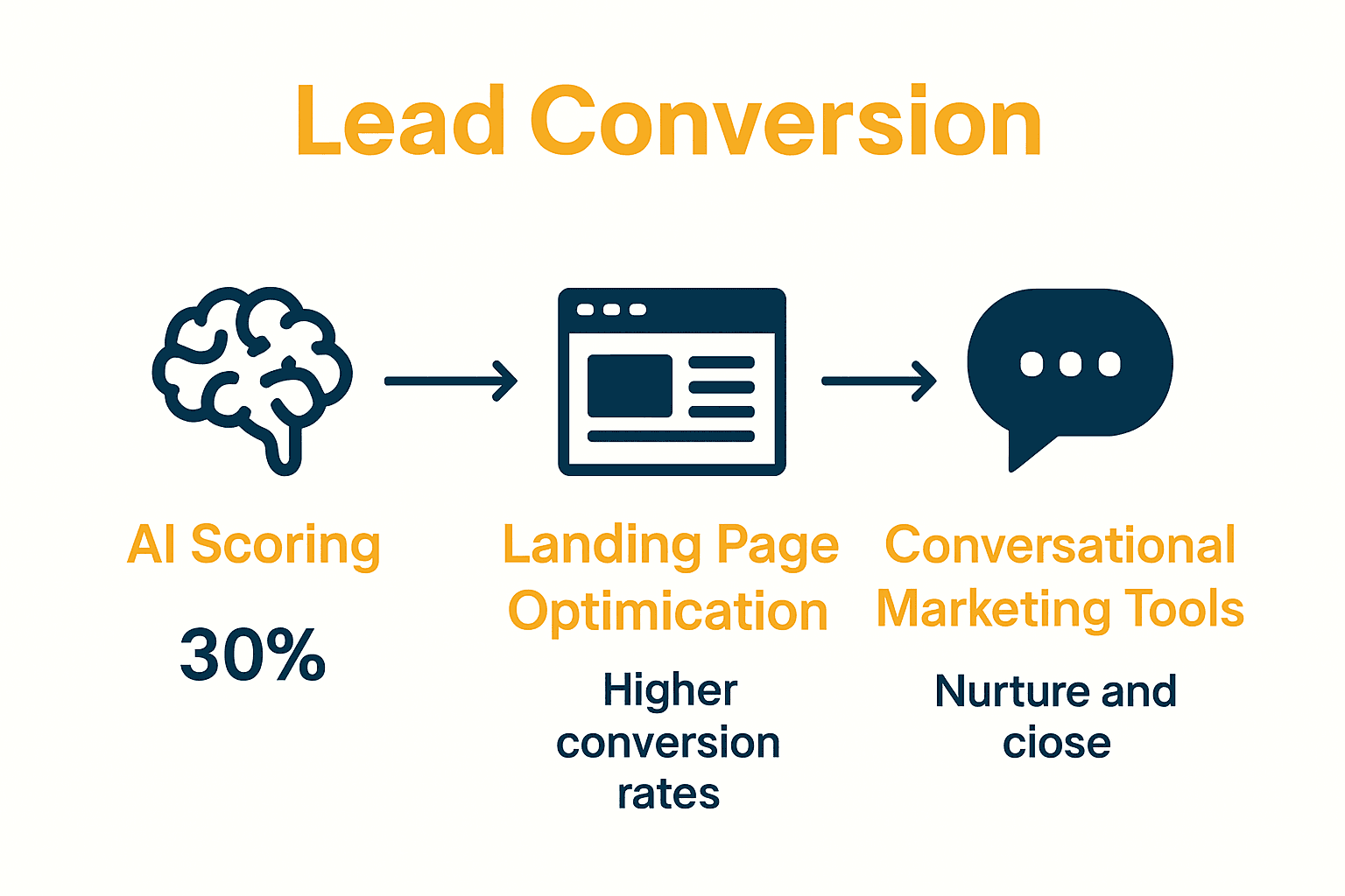 Infographic: Three essential technologies in lead conversion optimization—AI scoring, landing page tools, conversational chatbots.