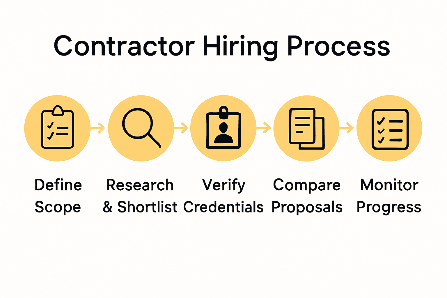Infographic showing five steps to hire a renovation contractor, with icons for planning, research, verification, proposal comparison, and project monitoring.