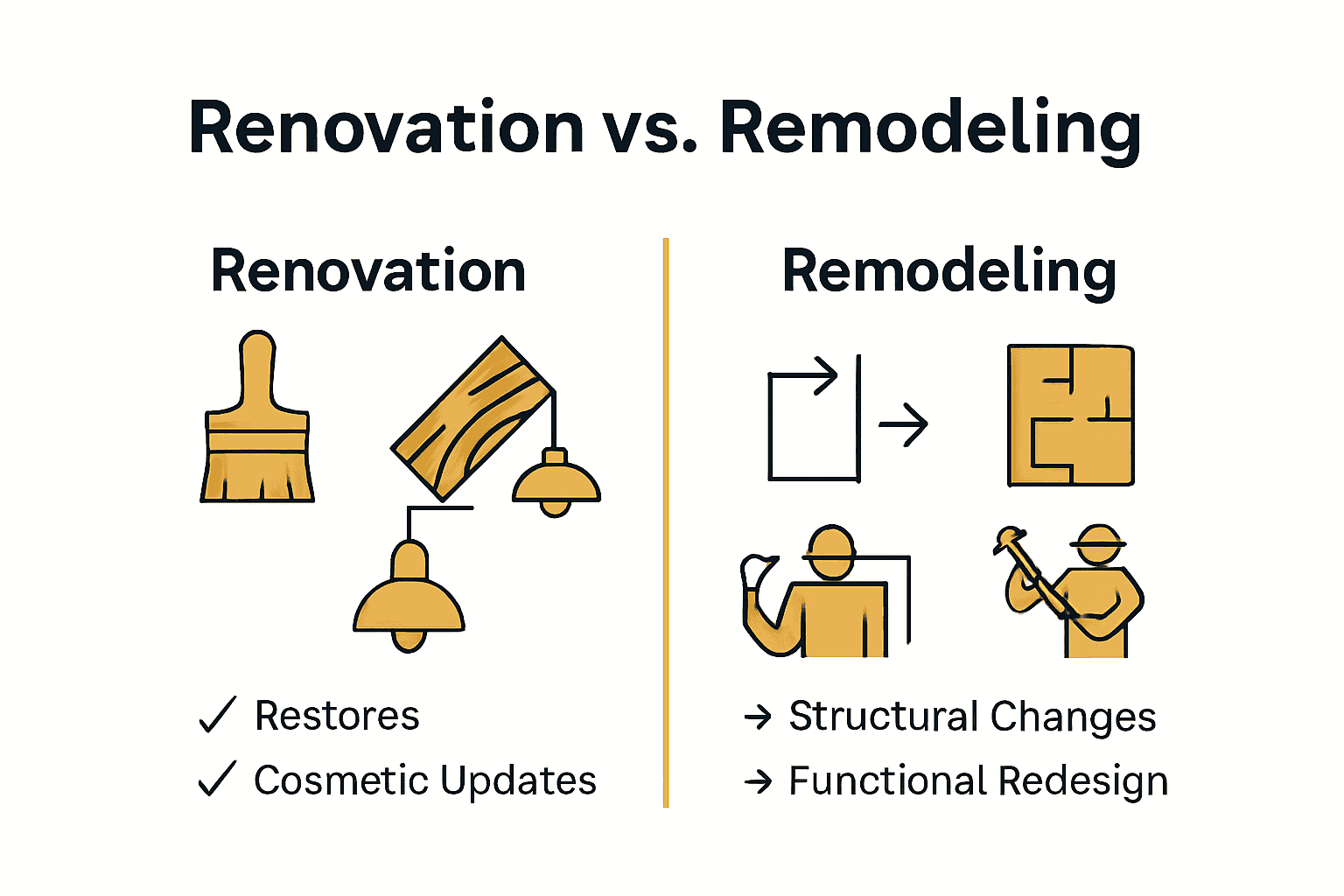 Infographic comparing renovation and remodeling with icons and key distinctions