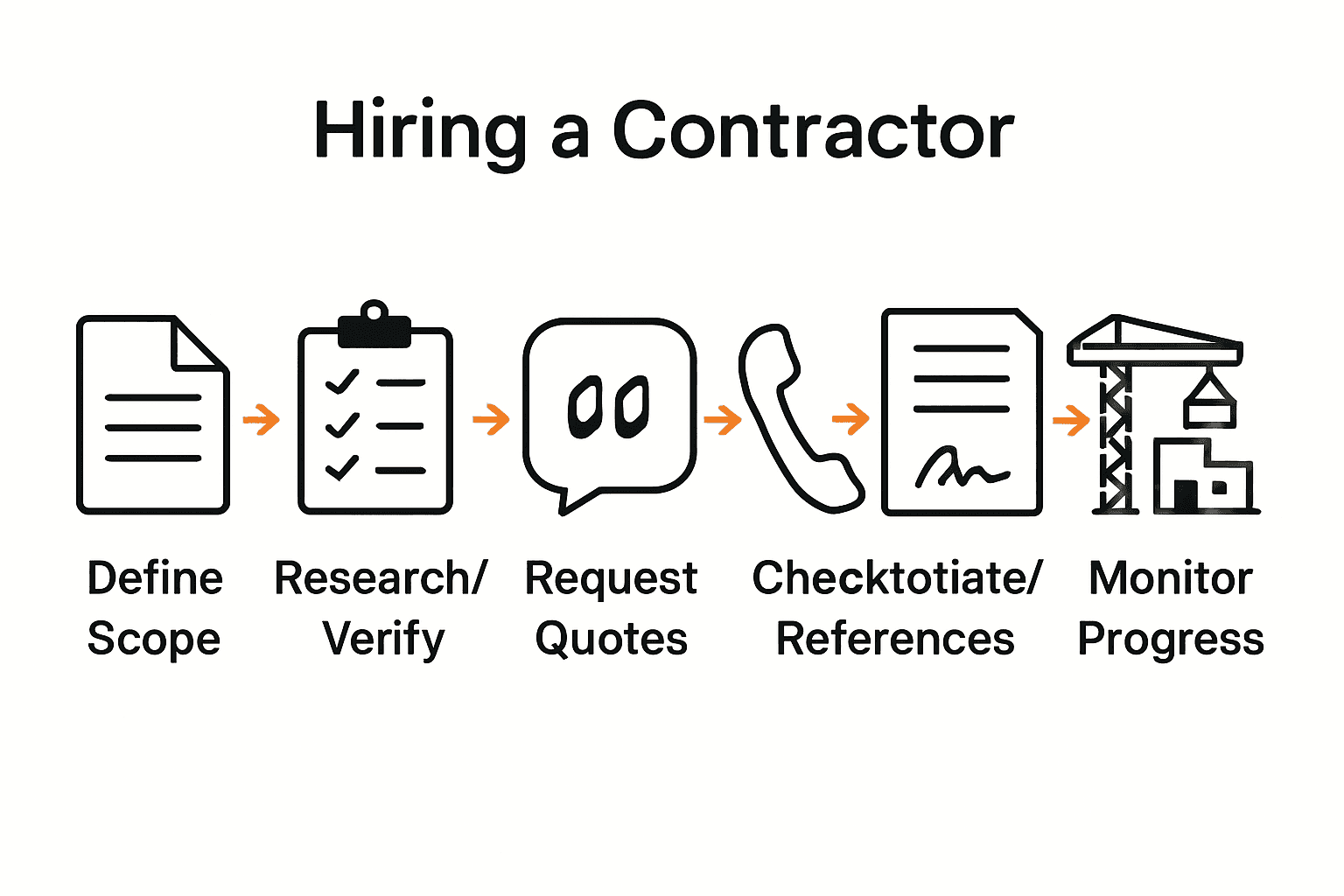Infographic shows six steps for hiring a DFW contractor from scope to monitoring.