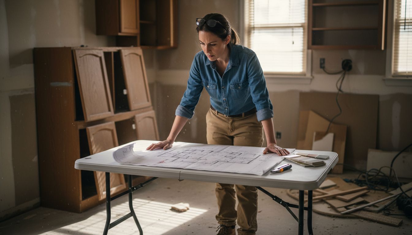 Contractor examines renovation plans in kitchen