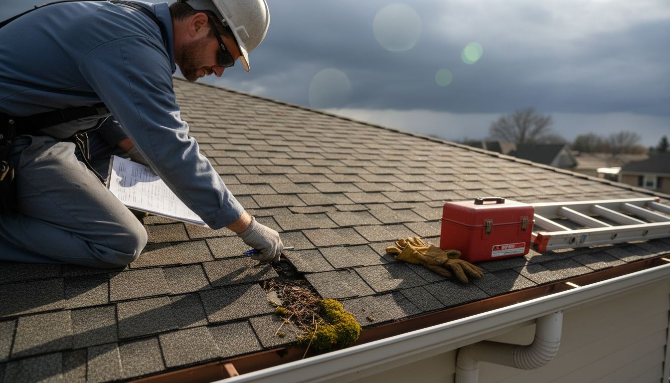 Inspector checking storm-damaged roof shingles