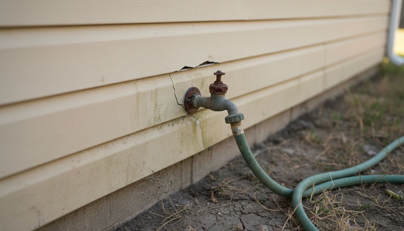 Cracked vinyl siding with water stains