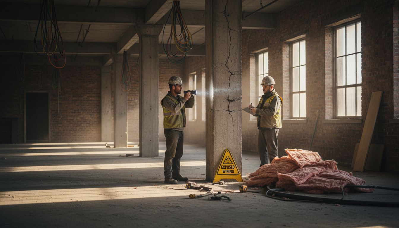 Workers inspect commercial building’s structural column