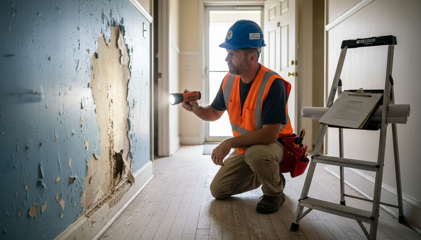 Engineer inspects water-damaged wall in house