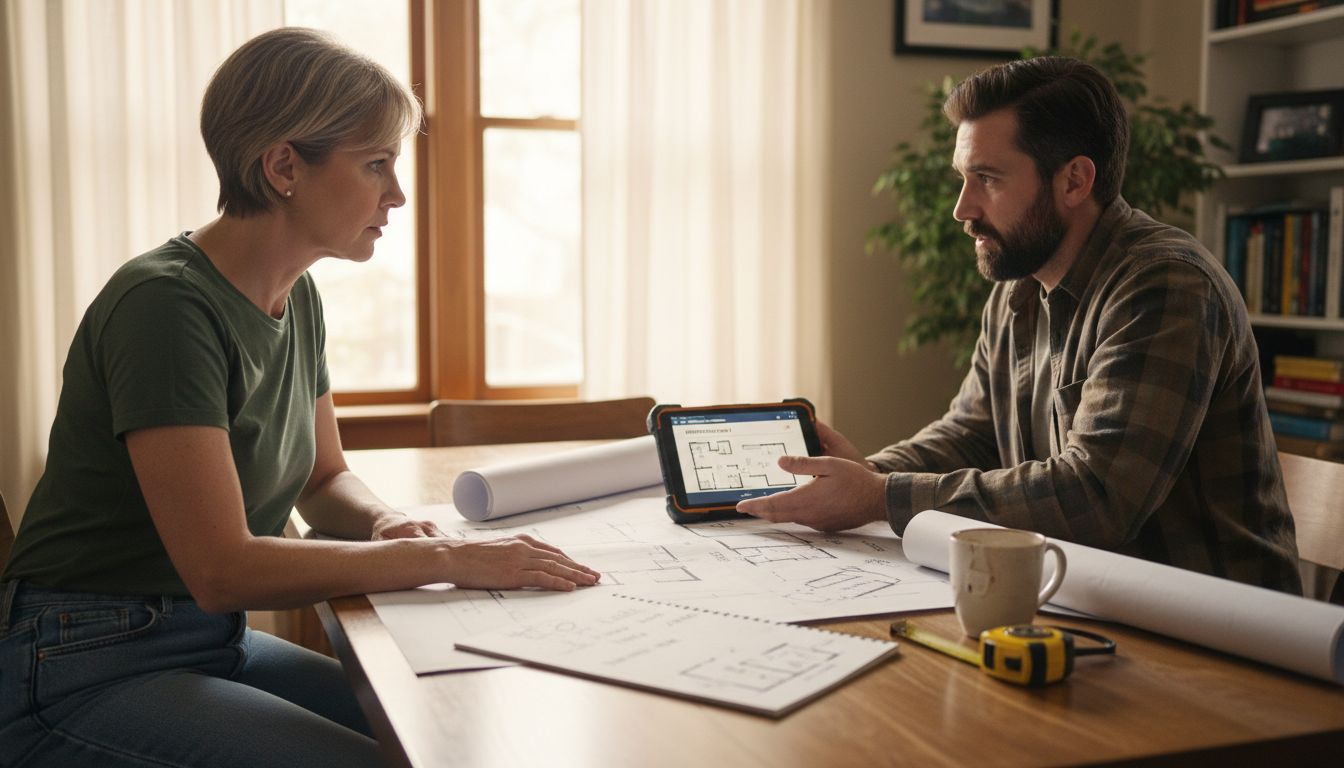 Homeowner and contractor reviewing plans indoors