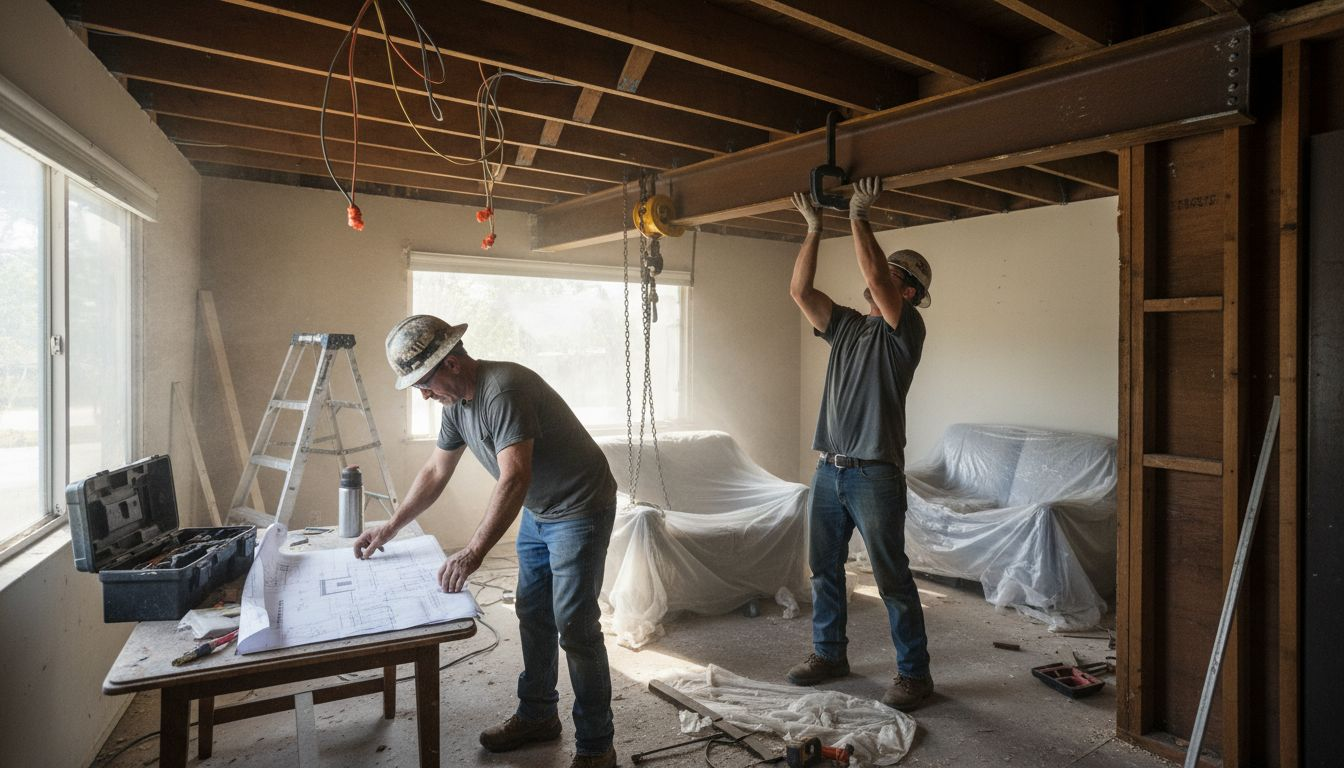 Workers installing support beam open remodel