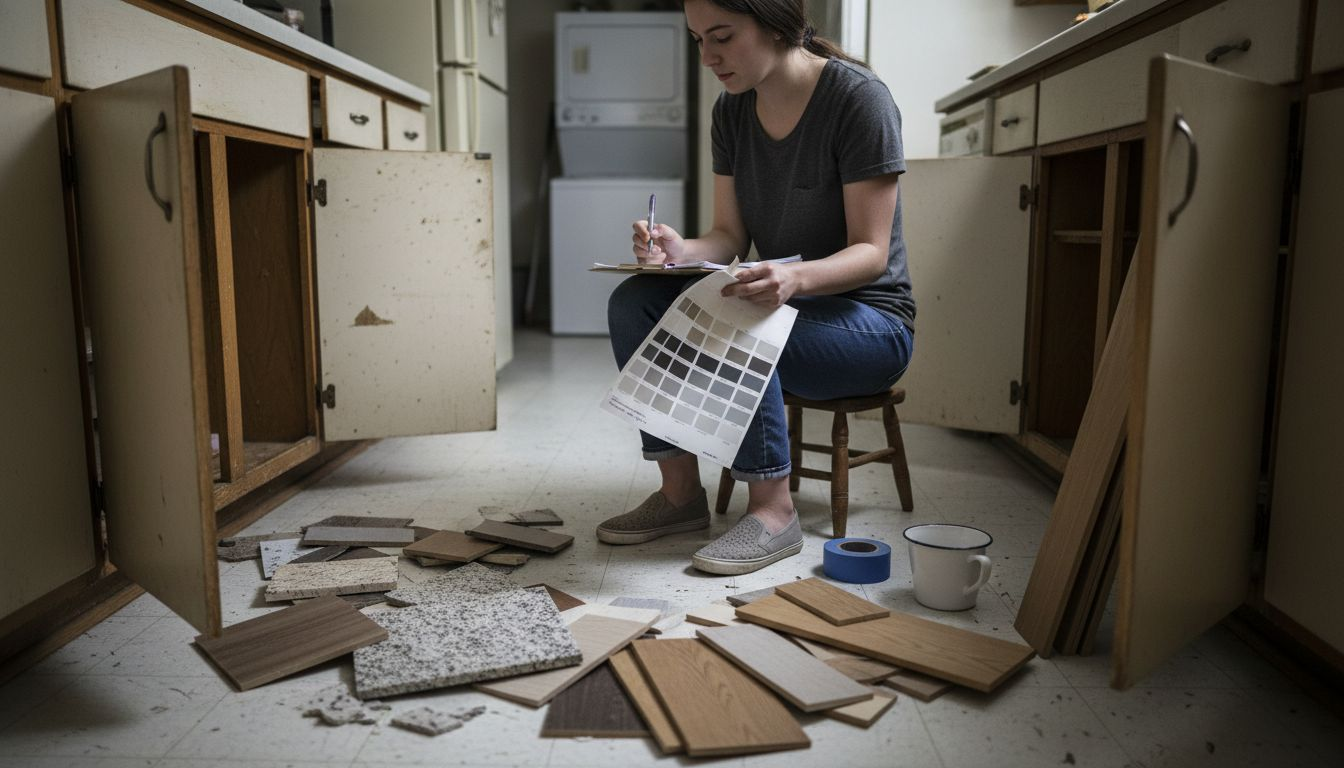 Designer examining kitchen material samples
