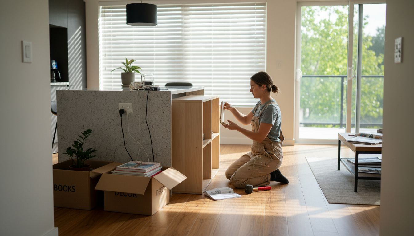 Person assembling modular shelving in home interior