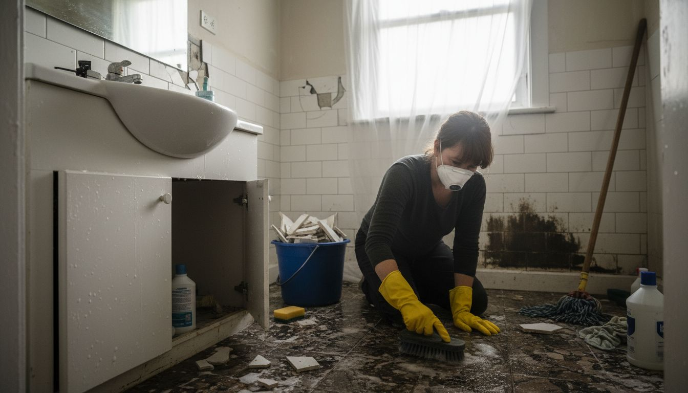 Woman scrubbing bathroom floor after storm flood