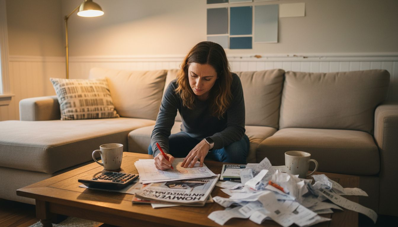 Woman budgeting renovation on cluttered table