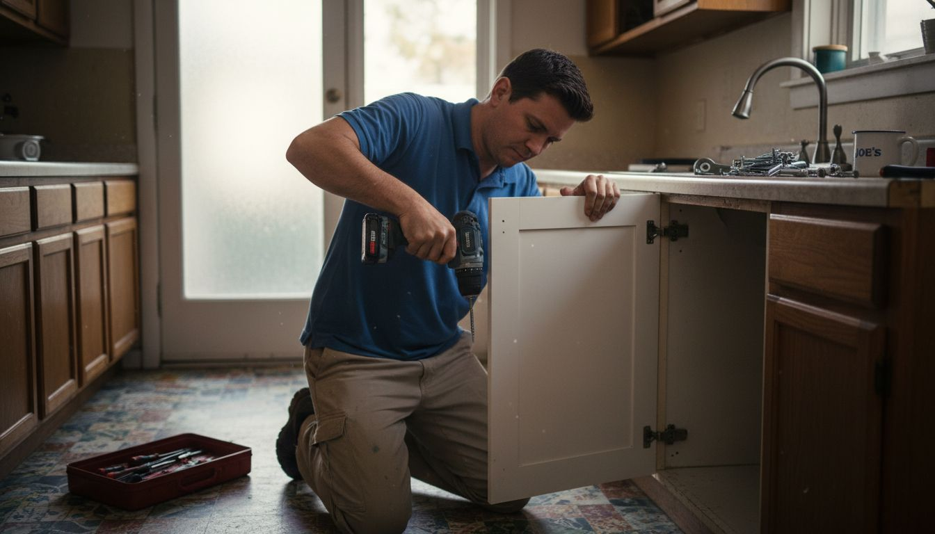 Installer attaching new cabinet door in kitchen
