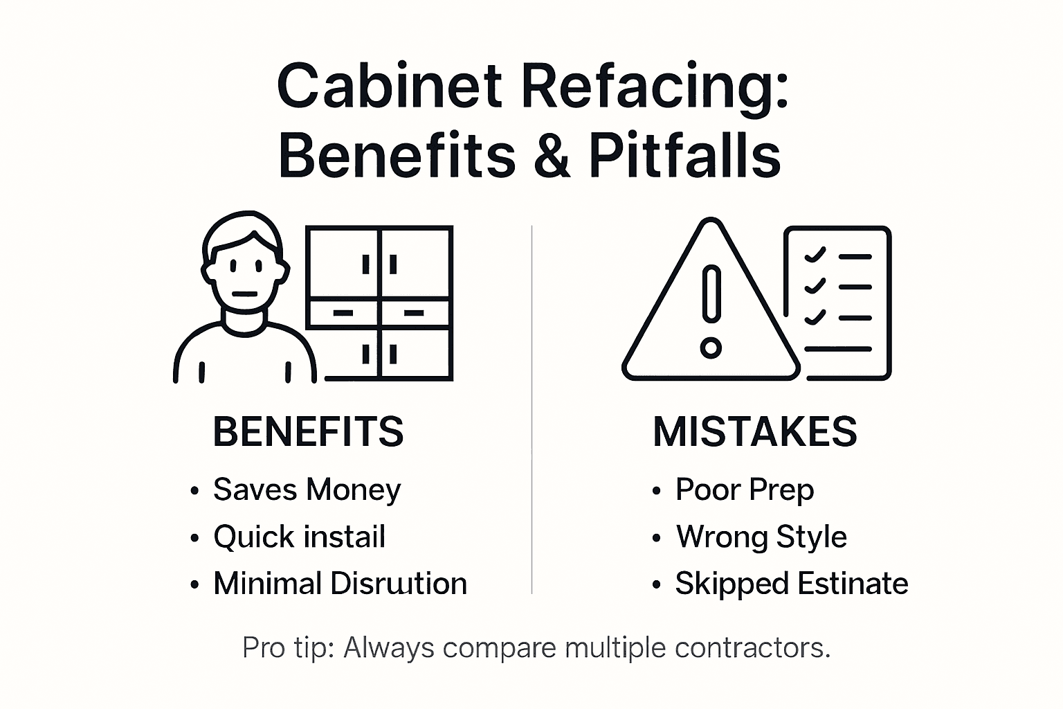 Infographic showing benefits and mistakes of cabinet refacing