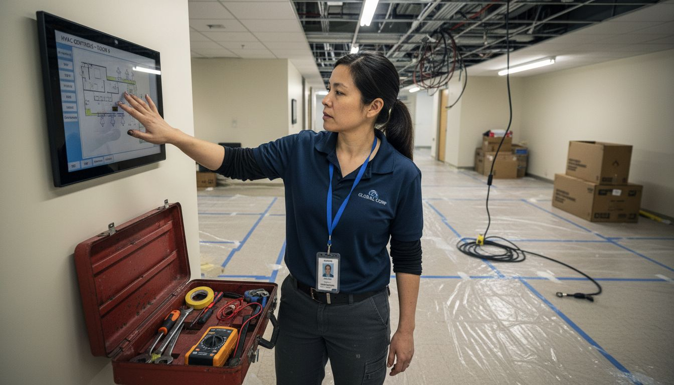 Technician adjusts smart office control panel