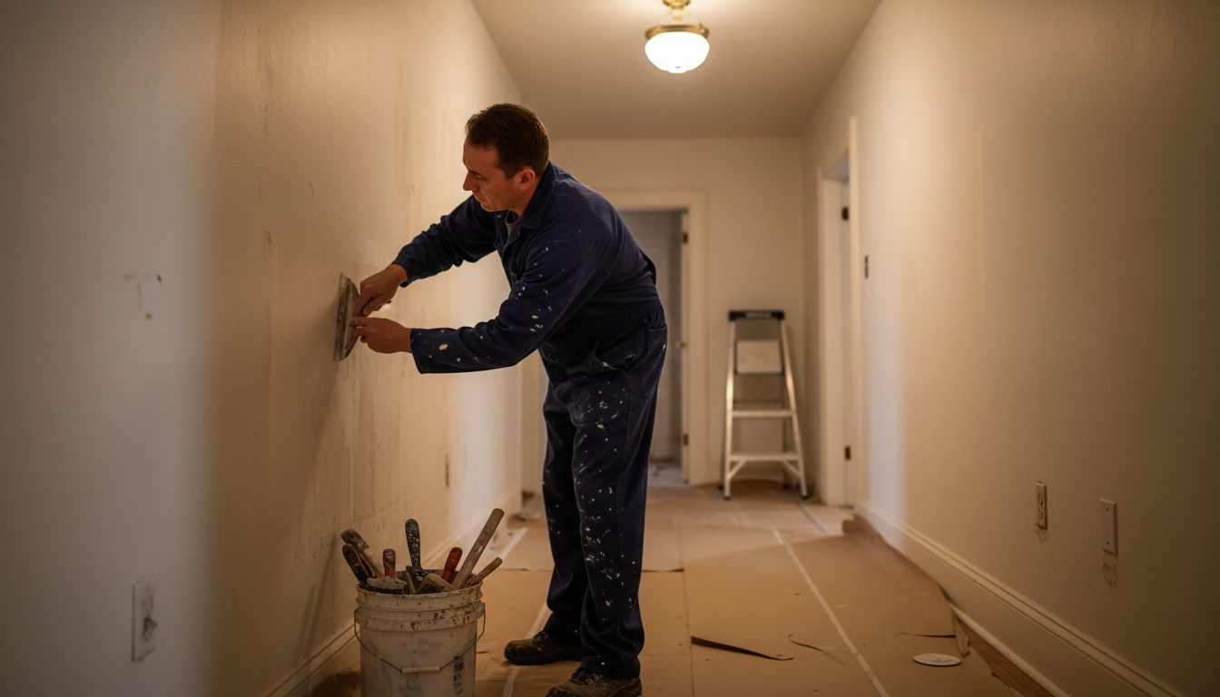 Painter prepping wall surface with spackle knife
