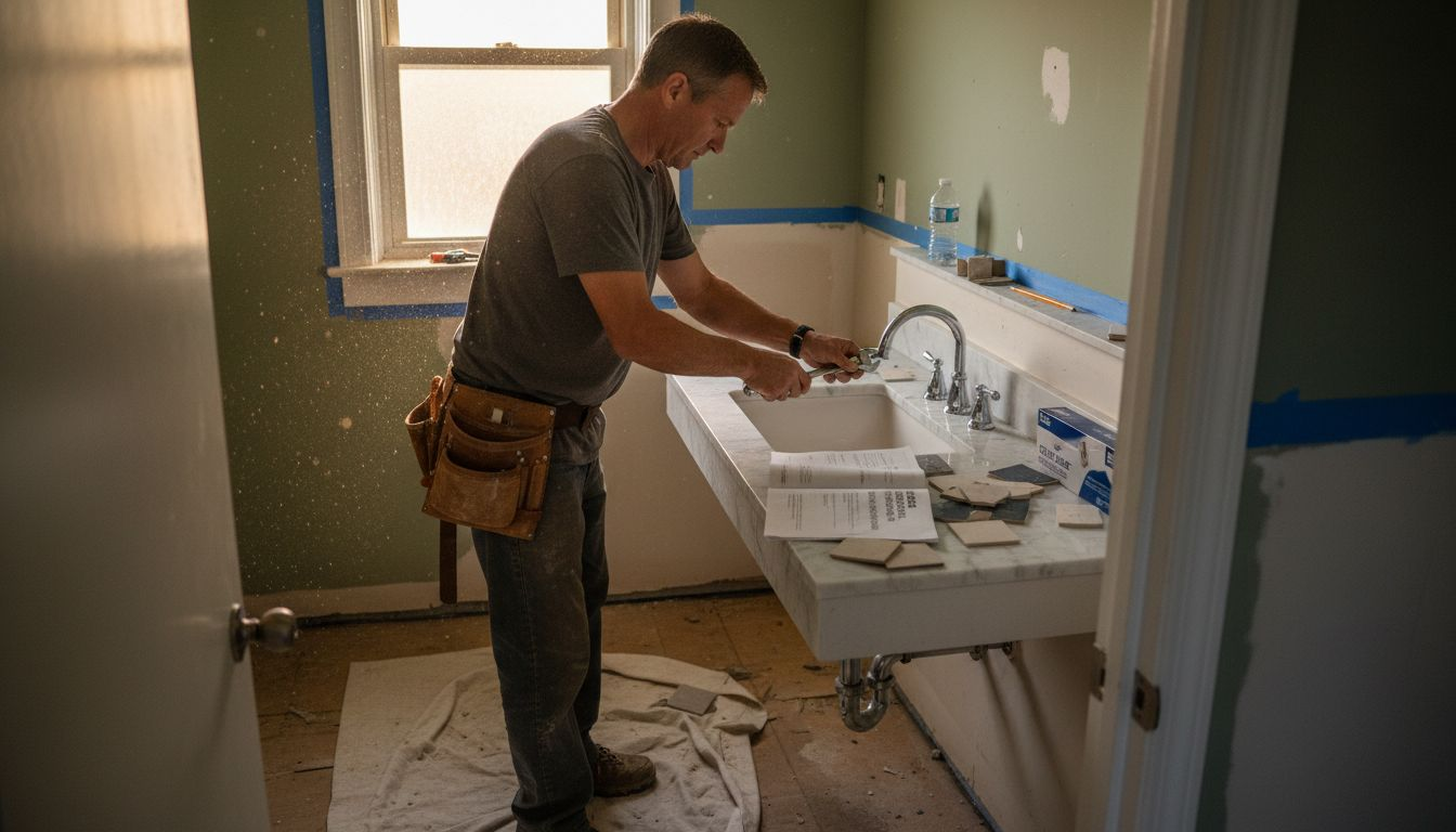 Contractor installs new faucet in bathroom renovation