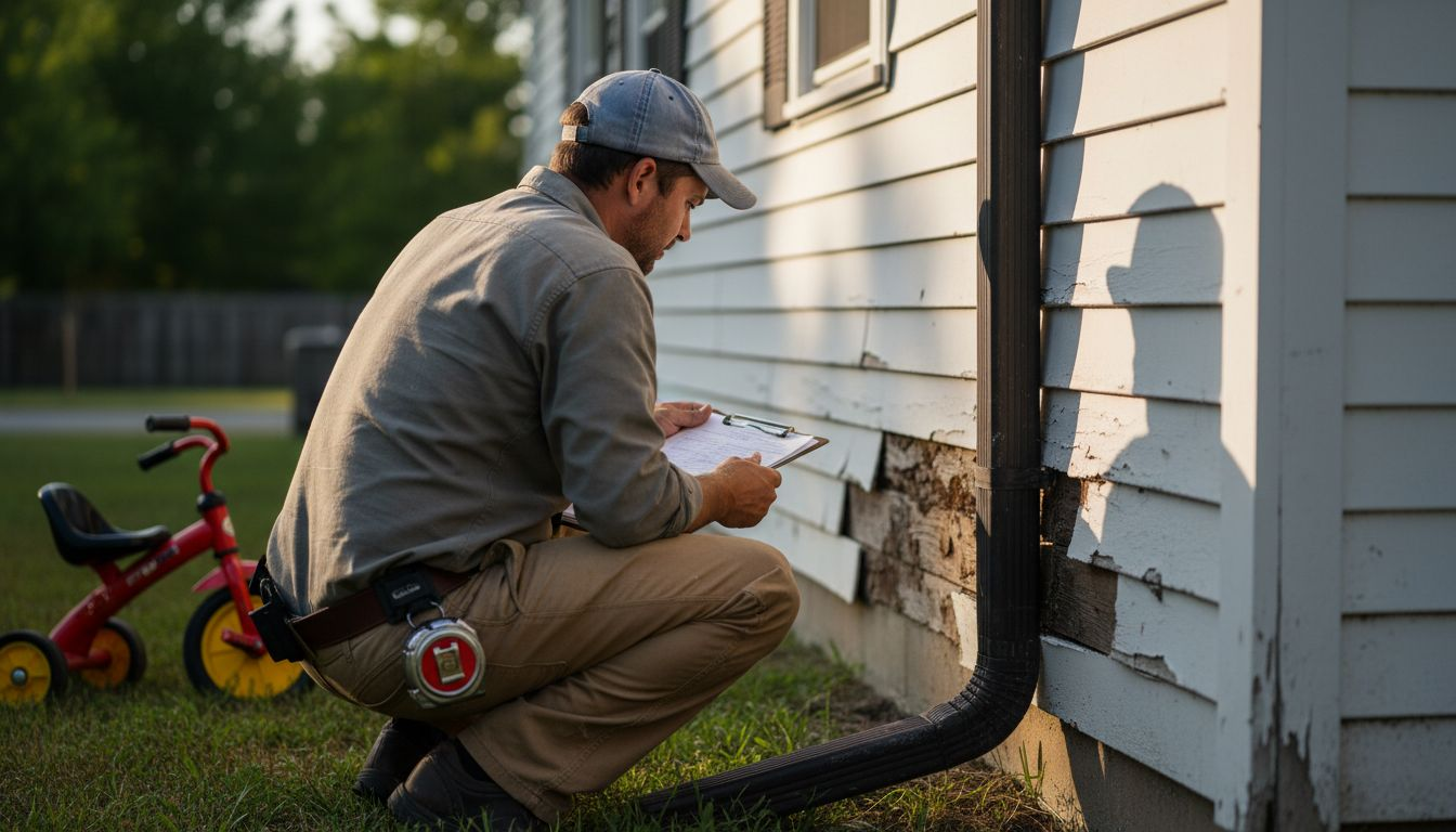 Contractor inspecting cracked home siding
