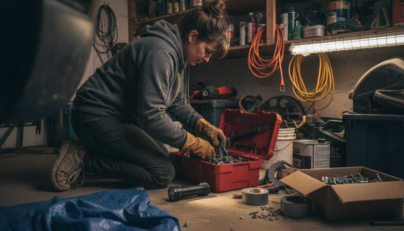 Organizing emergency home repair toolbox in garage