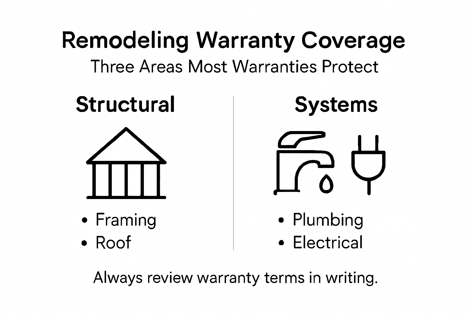 Infographic showing main remodeling warranty coverage