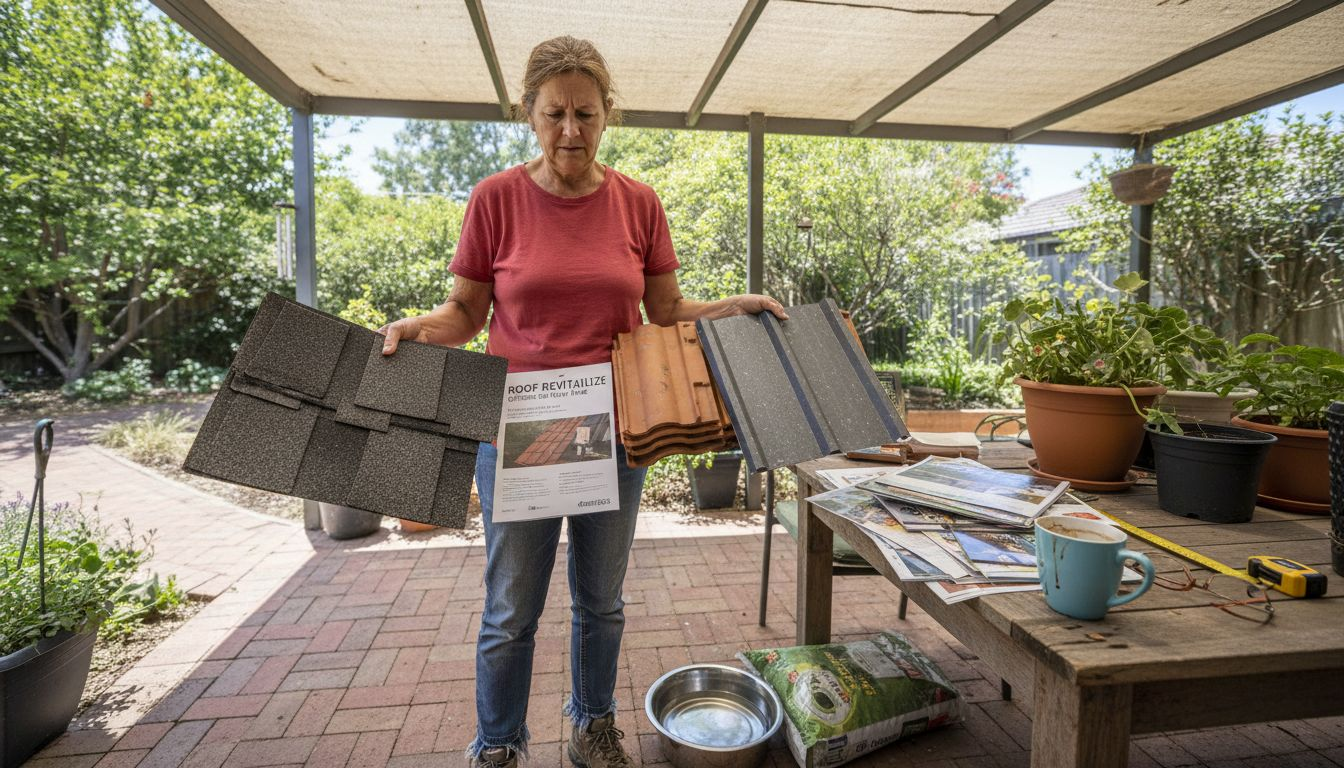 Homeowner inspecting roofing material samples