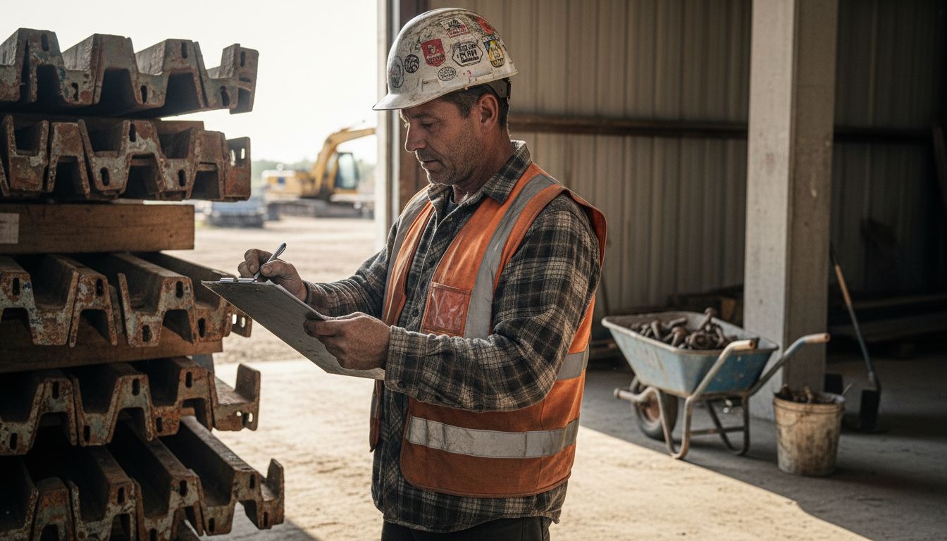 Supervisor inspecting recycled steel materials