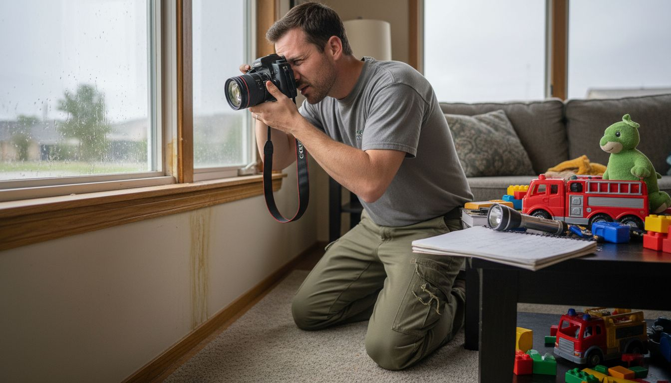 Contractor photographing water damage indoors