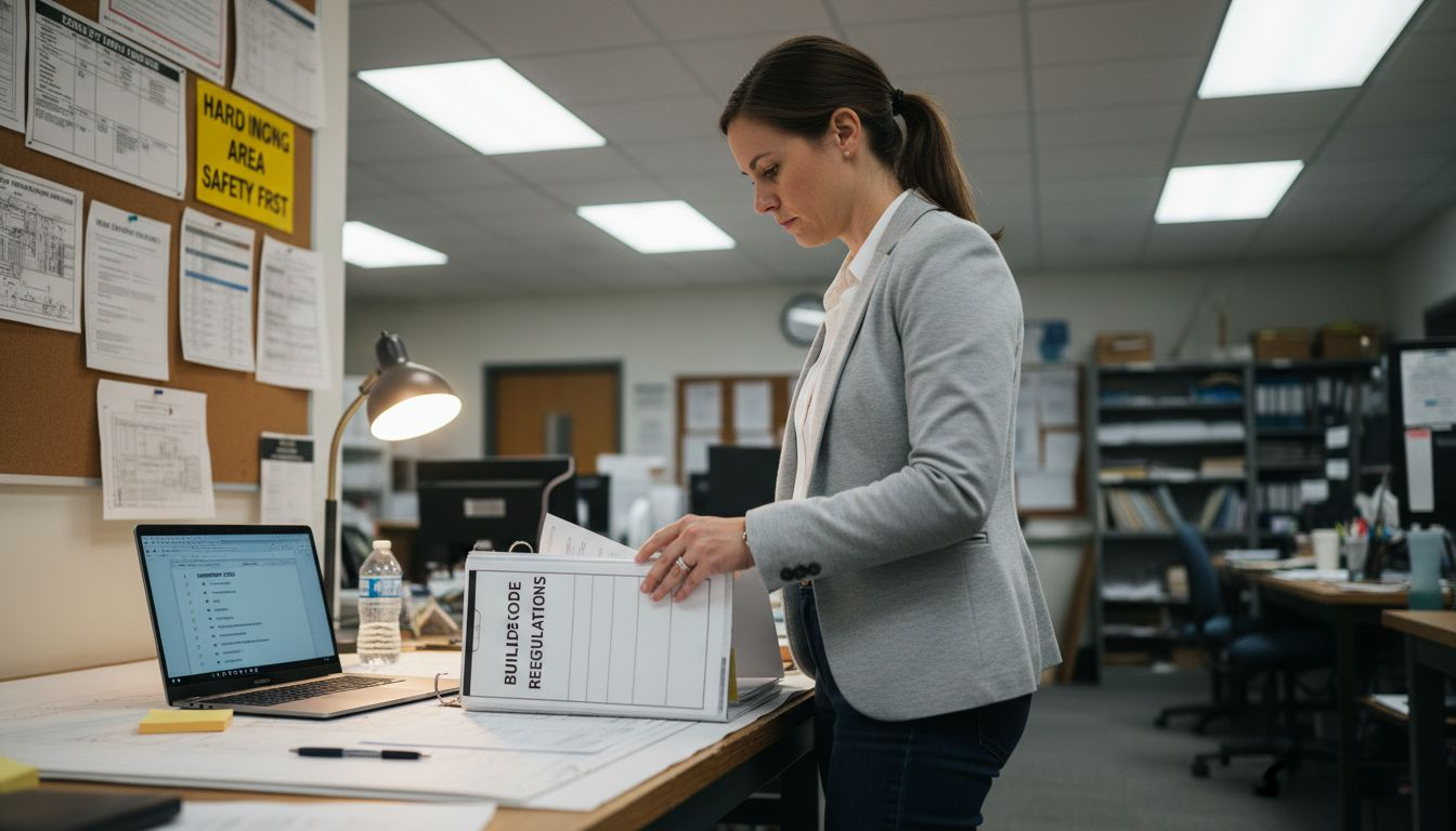 Project manager reviews construction documents in office