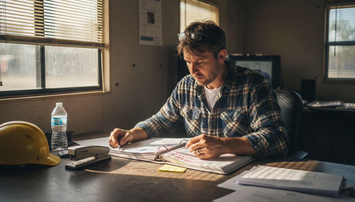 Manager reviewing documentation in site office