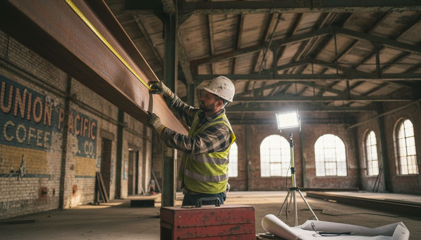 Worker measuring beam in renovated factory