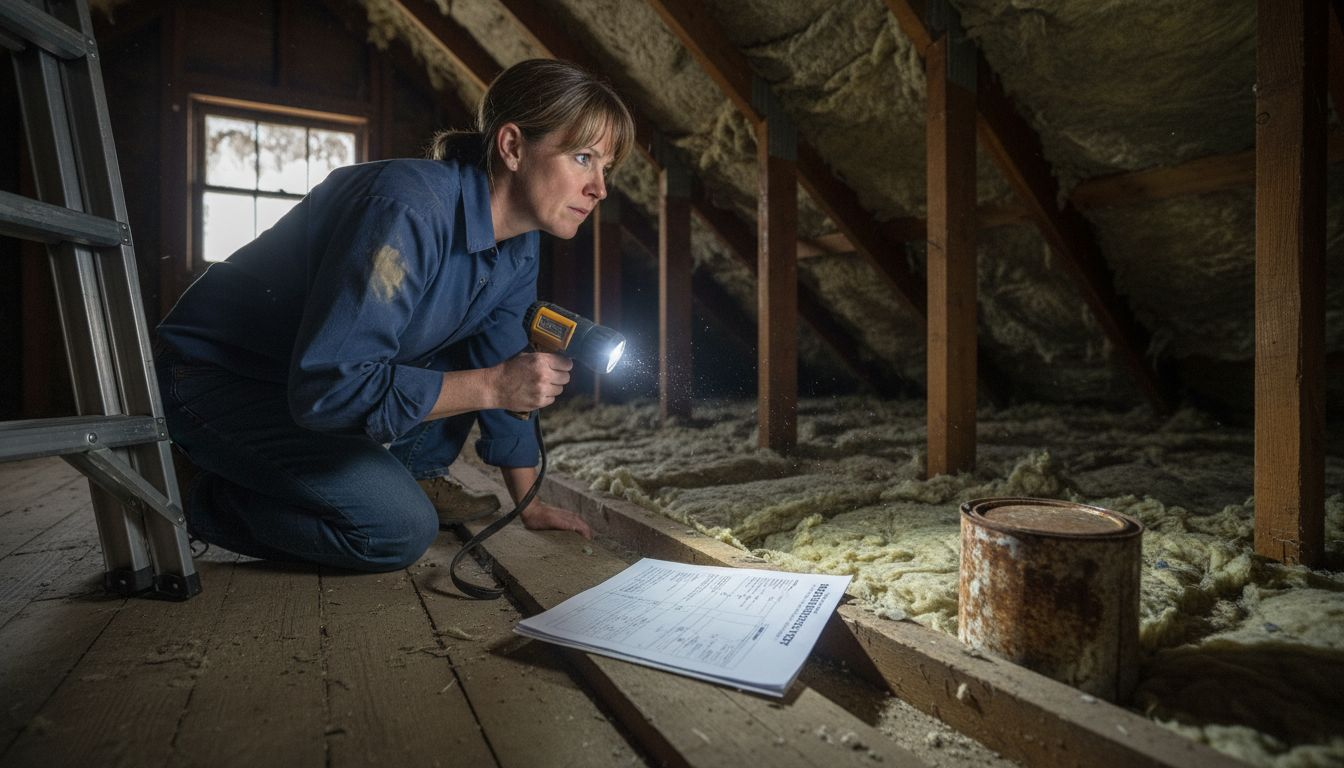 Inspector examining attic for home inspection
