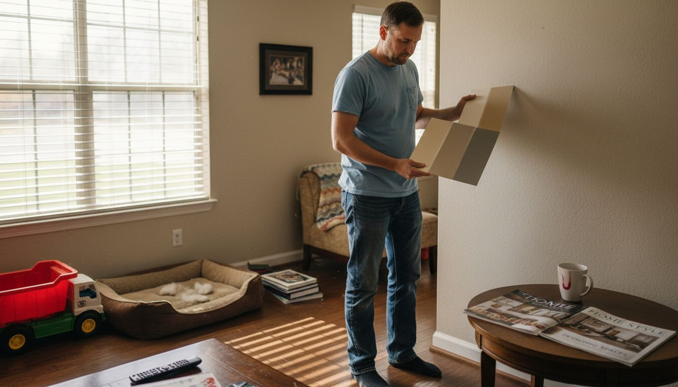 Man tests paint samples in family room