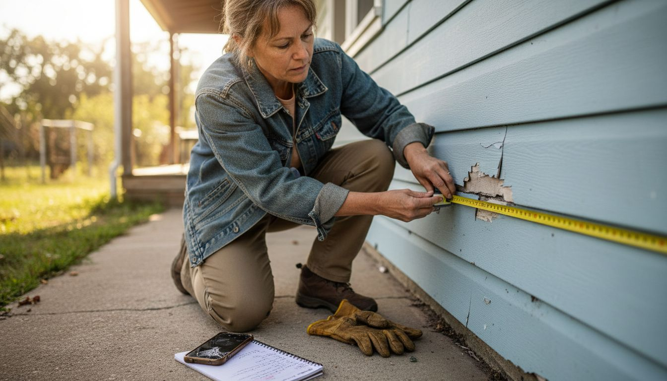 Woman measuring damaged vinyl siding section