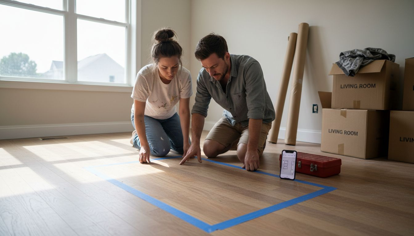 Couple taping layout for furniture placement