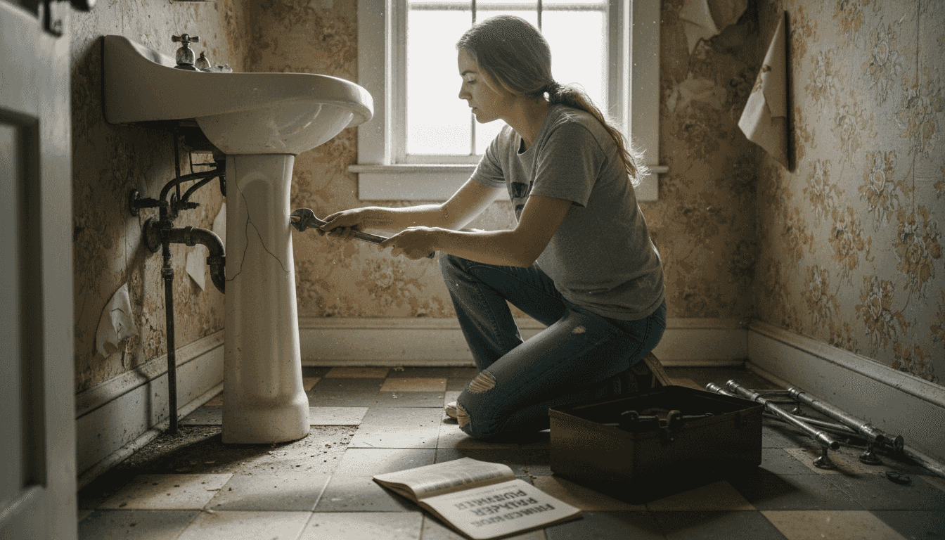 Woman removing old sink fixture