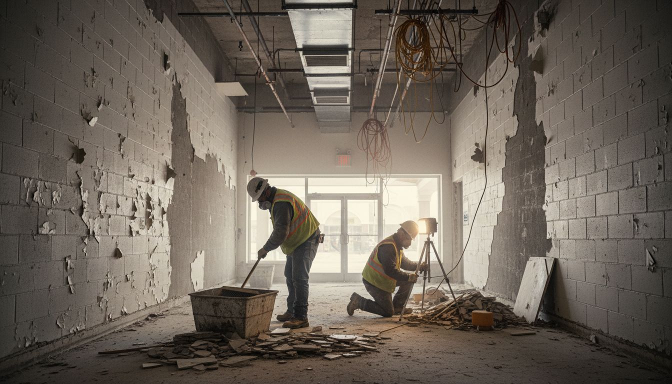 Workers clearing debris during retail remodel