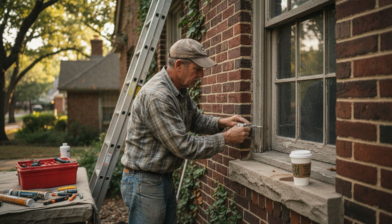 Contractor repairing historic brick building window