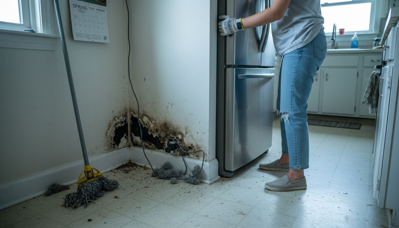 Woman uncovering hidden mold behind fridge