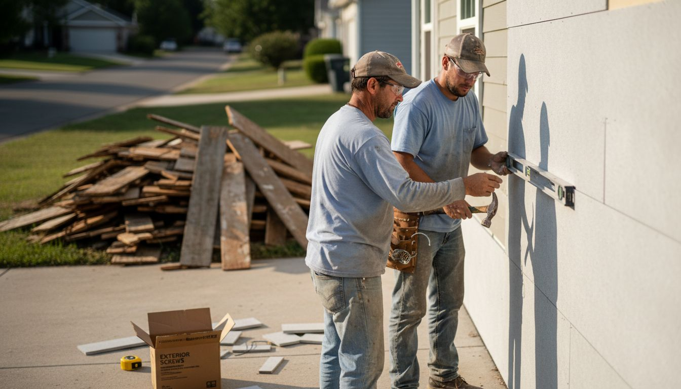 Contractors installing fiber cement siding panels