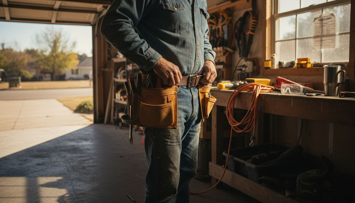 Contractor prepares siding replacement tools in garage