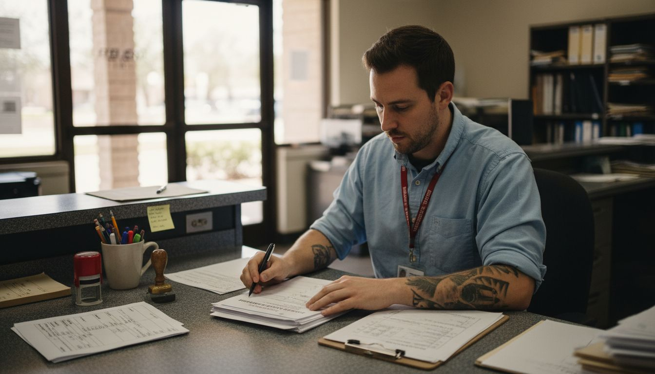 Permit clerk reviews building applications in Dallas