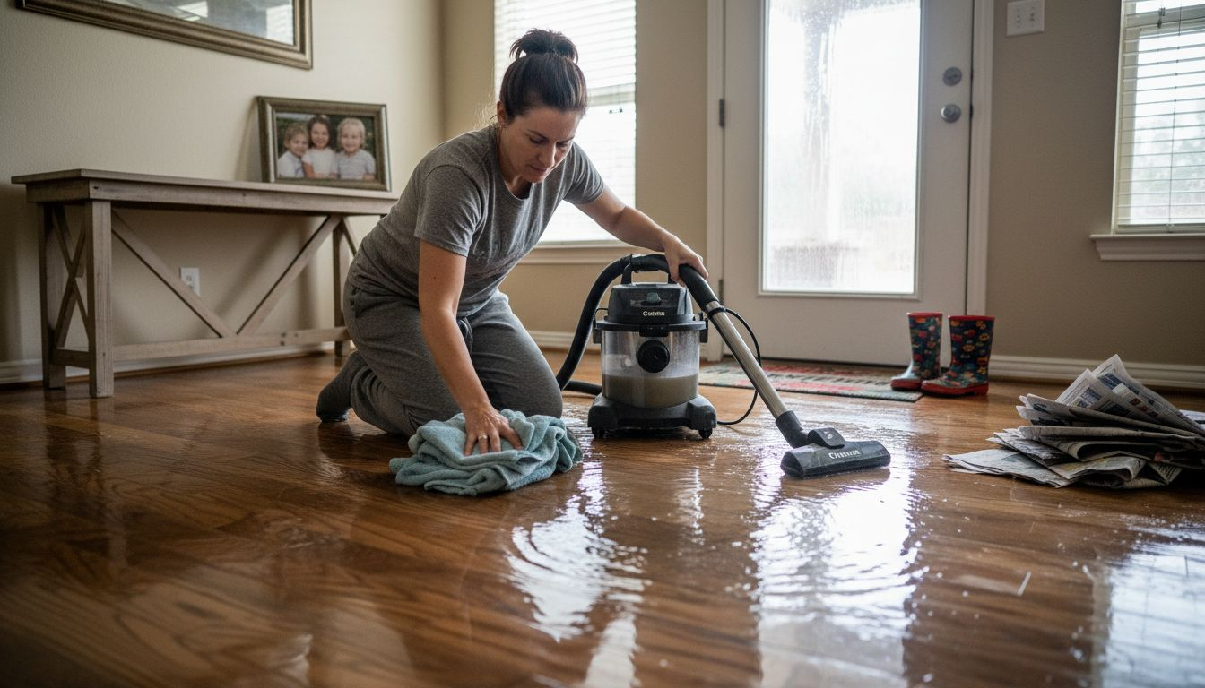 Woman removes water after flooding in home