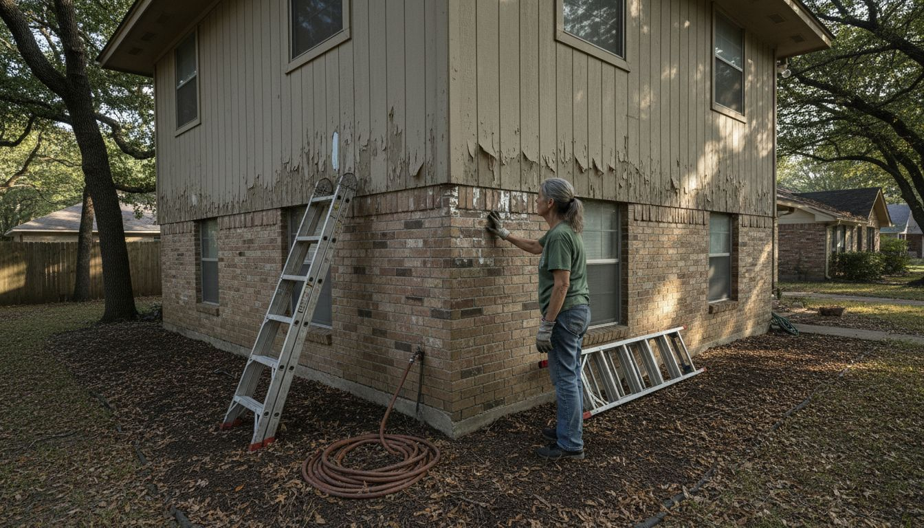 Homeowner inspecting aging wood siding