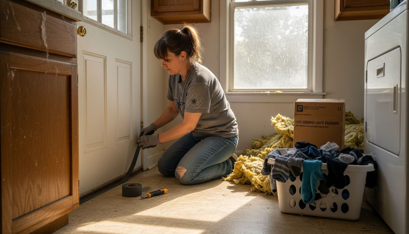 Homeowner applies energy-efficient weatherstripping