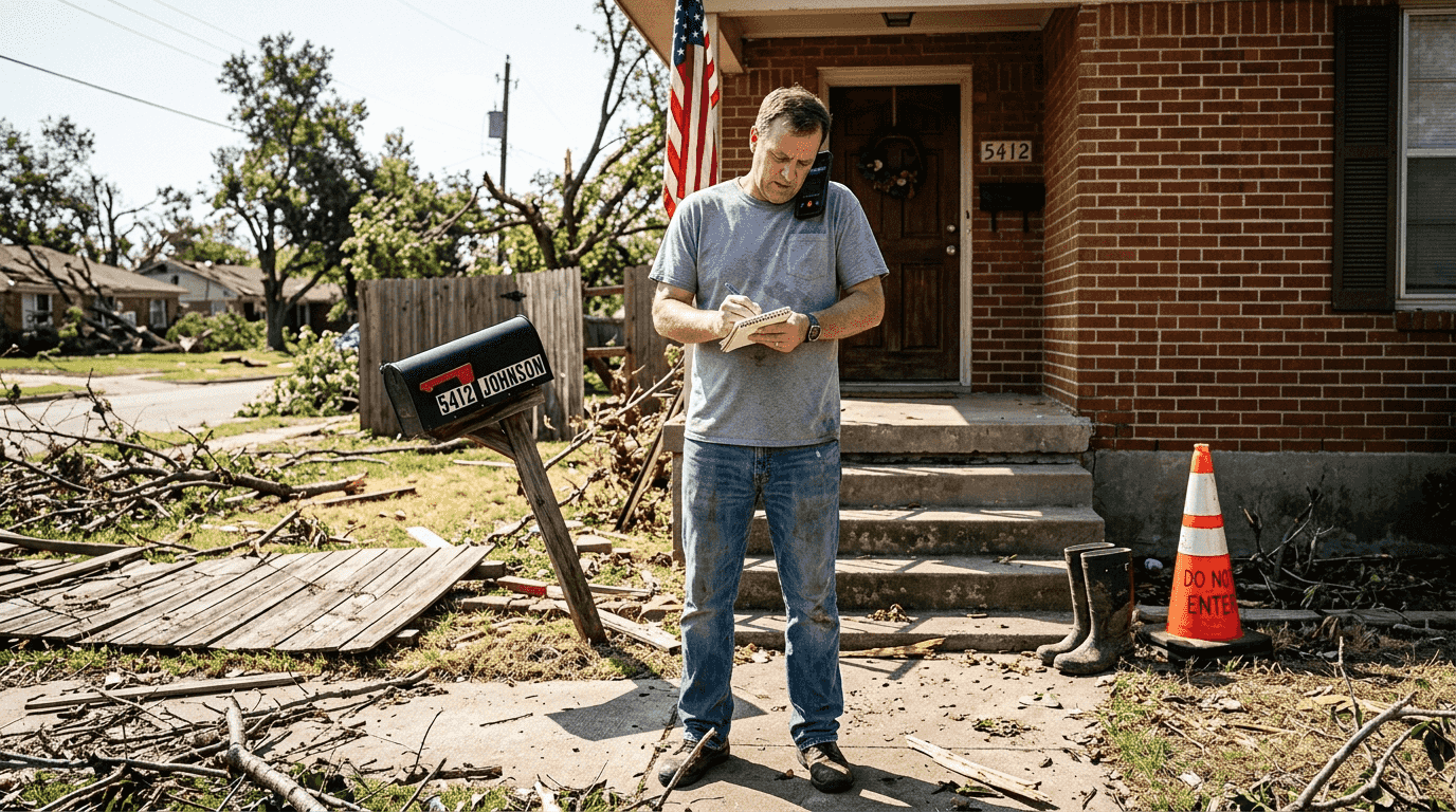 Homeowner documenting storm damage in yard