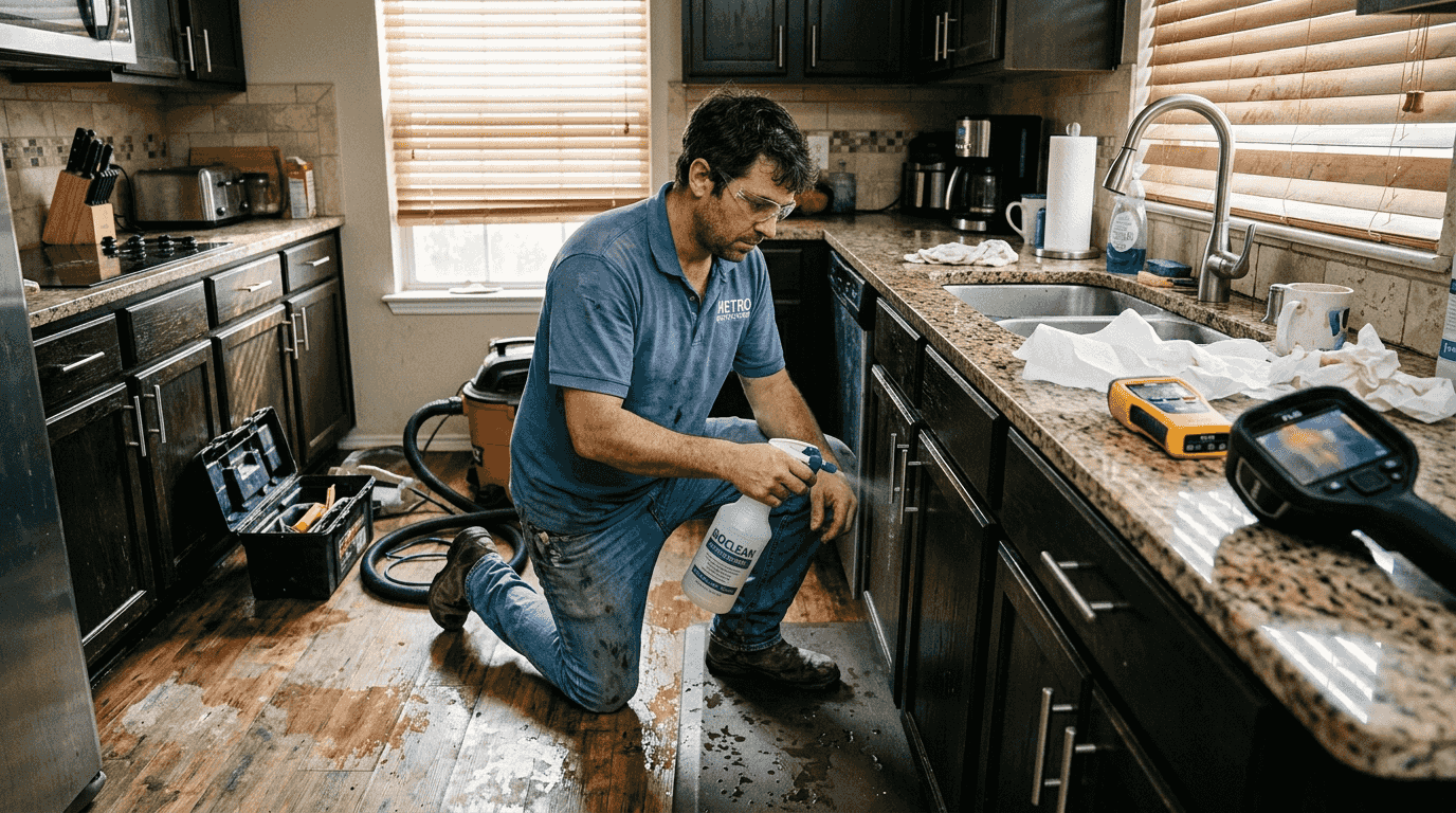 Technician applies antimicrobial in Dallas kitchen