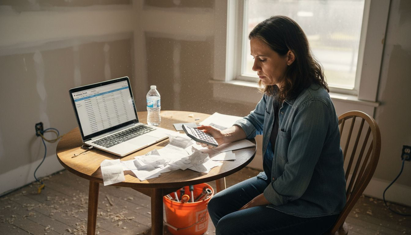 Homeowner calculating renovation expenses at kitchen table