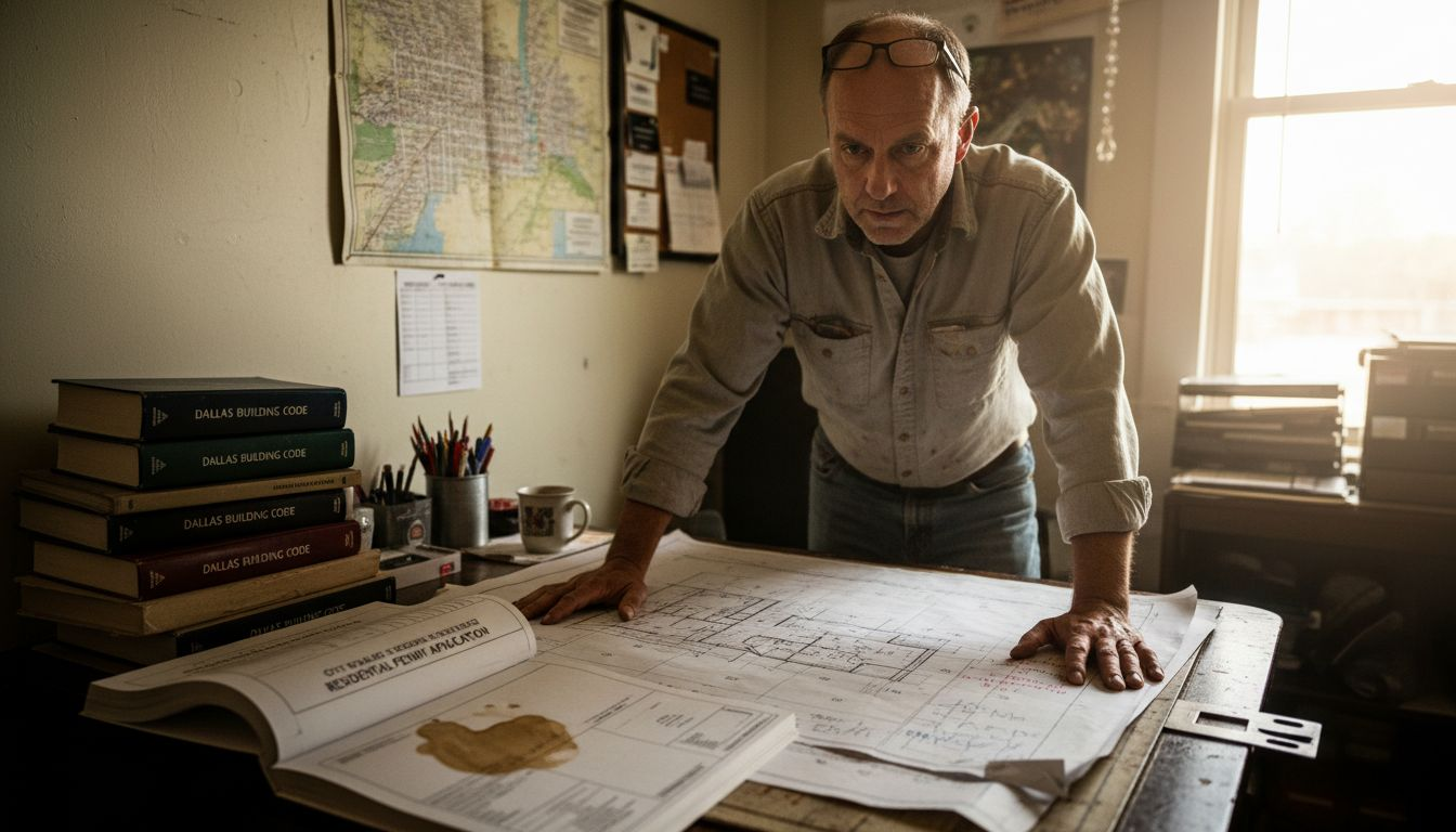Contractor checking building codes in Dallas office
